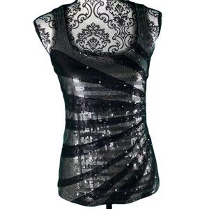 White House Black Market Sequin Bling Embellished Mesh Detail Tank Top Blouse XS